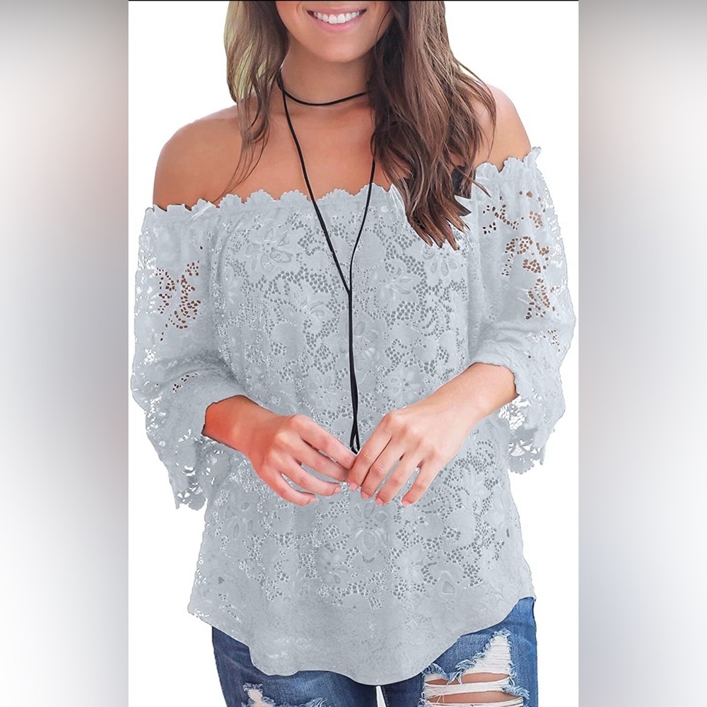 MIHOLL Women's Lace Off Shoulder Tops Casual Loose Blouse Shirt - Size‎ L
